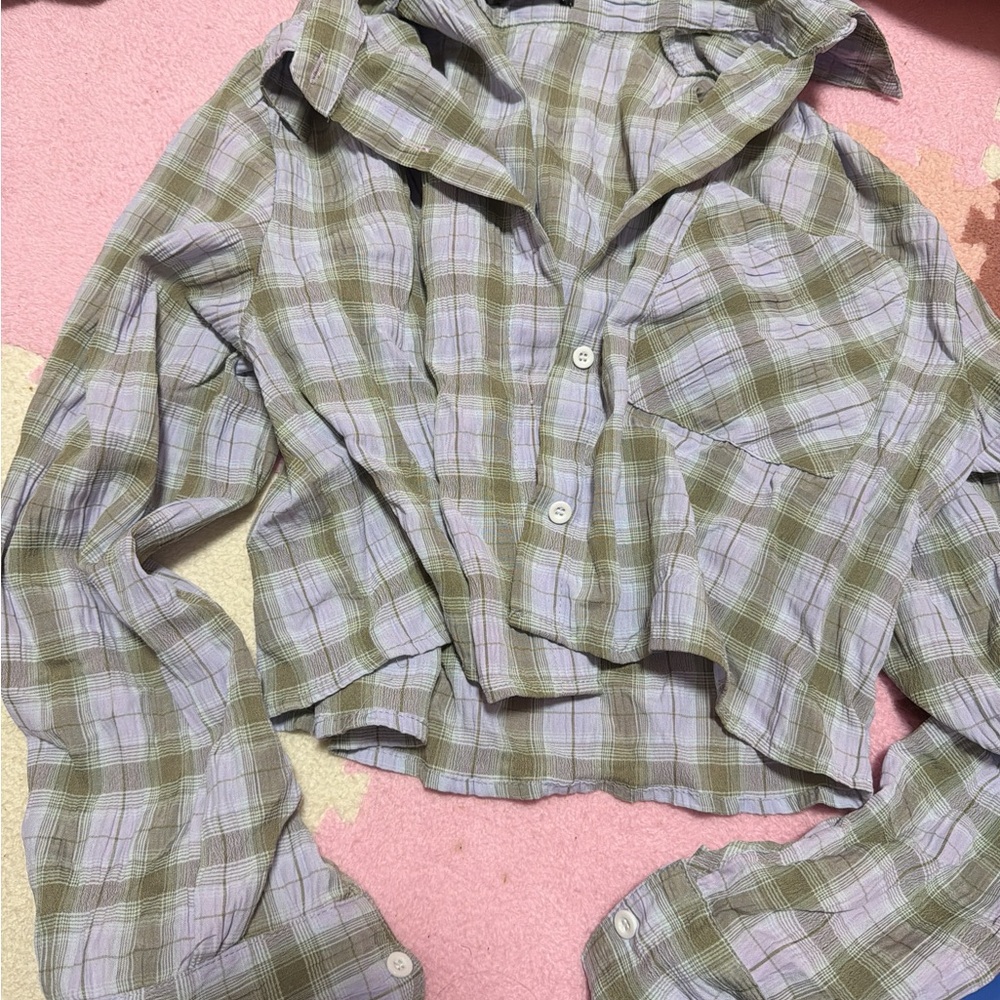 Casual Plaid Button-Up Blouse in Green and Purple